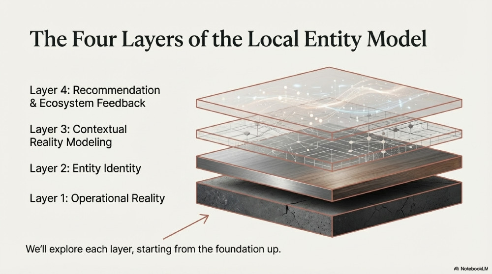 A 3D stack diagram showing the four layers of the Local Entity Model: Operational Reality, Entity Identity, Contextual Reality Modeling, and Recommendation & Ecosystem Feedback