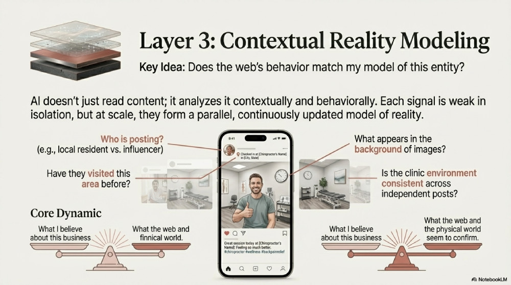 Infographic for 'Layer 3: Contextual Reality Modeling' showing how AI analyzes social media posts, image backgrounds, and user behavior to verify if the physical world confirms the digital model of a business entity