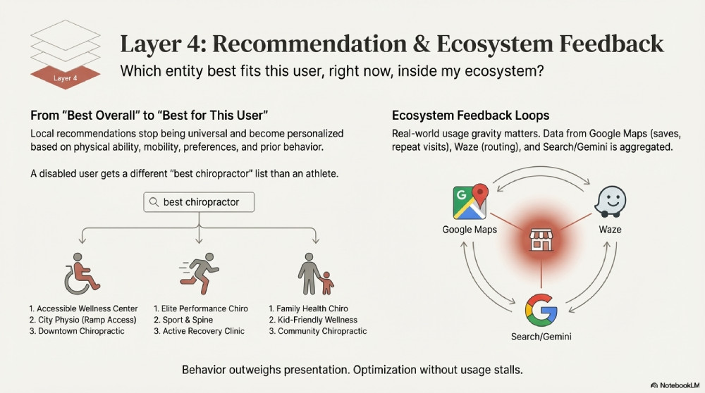 Infographic for 'Layer 4: Recommendation & Ecosystem Feedback' showing how local results shift from 'Best Overall' to personalized recommendations based on user needs and real-world usage gravity from Google Maps, Waze, and Gemini
