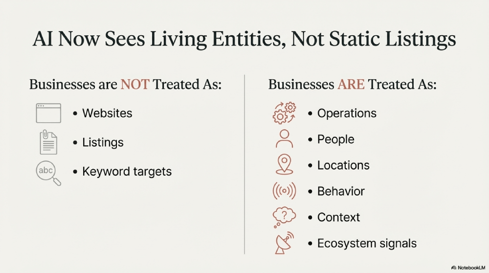 Infographic titled 'AI Now Sees Living Entities, Not Static Listings' comparing traditional SEO targets like websites to modern entity signals like operations, people, and behavior